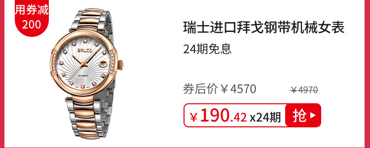 瑞士进口拜戈钢带机械女表